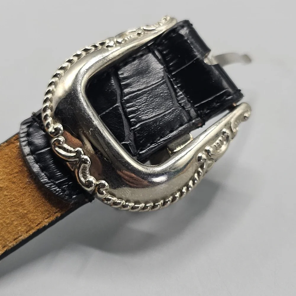 Vintage Black Leather Silver Decorative Medallions Belt Embellished Buckle 35